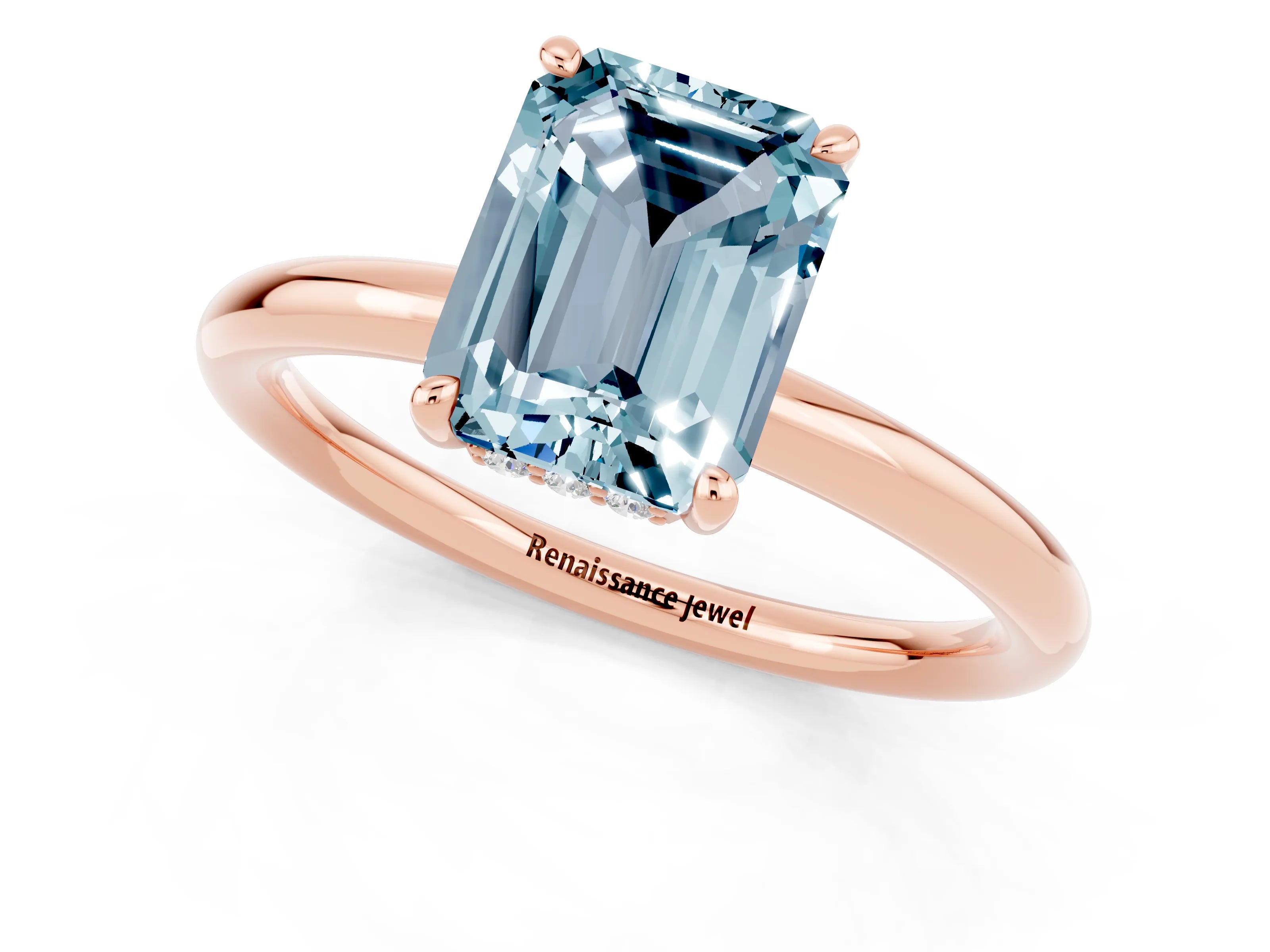 Rose gold Emerald Cut Aquamarine Solitaire Ring with Thin Band and Four-Prong Setting_13