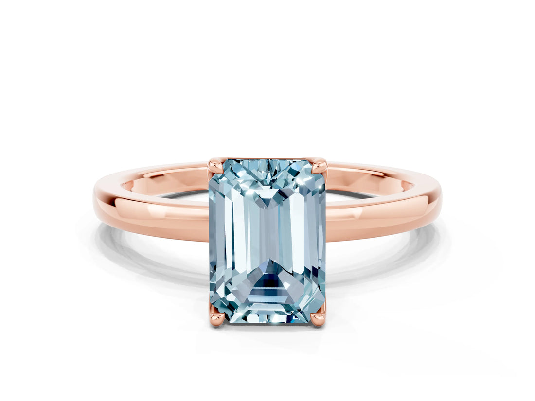 Rose gold Emerald Cut Aquamarine Solitaire Ring with Thin Band and Prong Setting_12