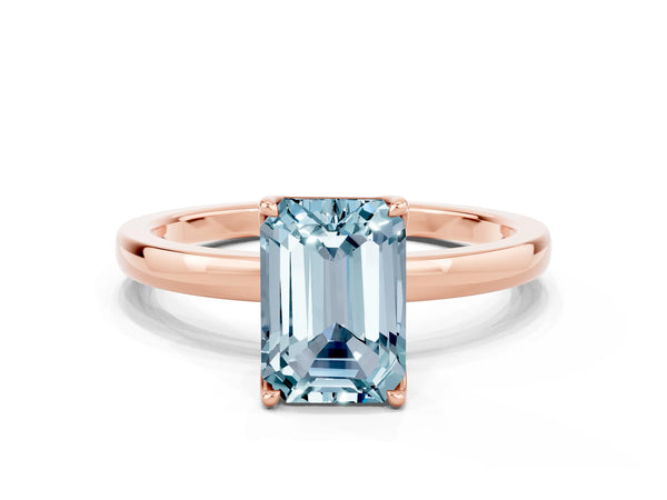 Rose gold Emerald Cut Aquamarine Solitaire Ring with Thin Band and Prong Setting