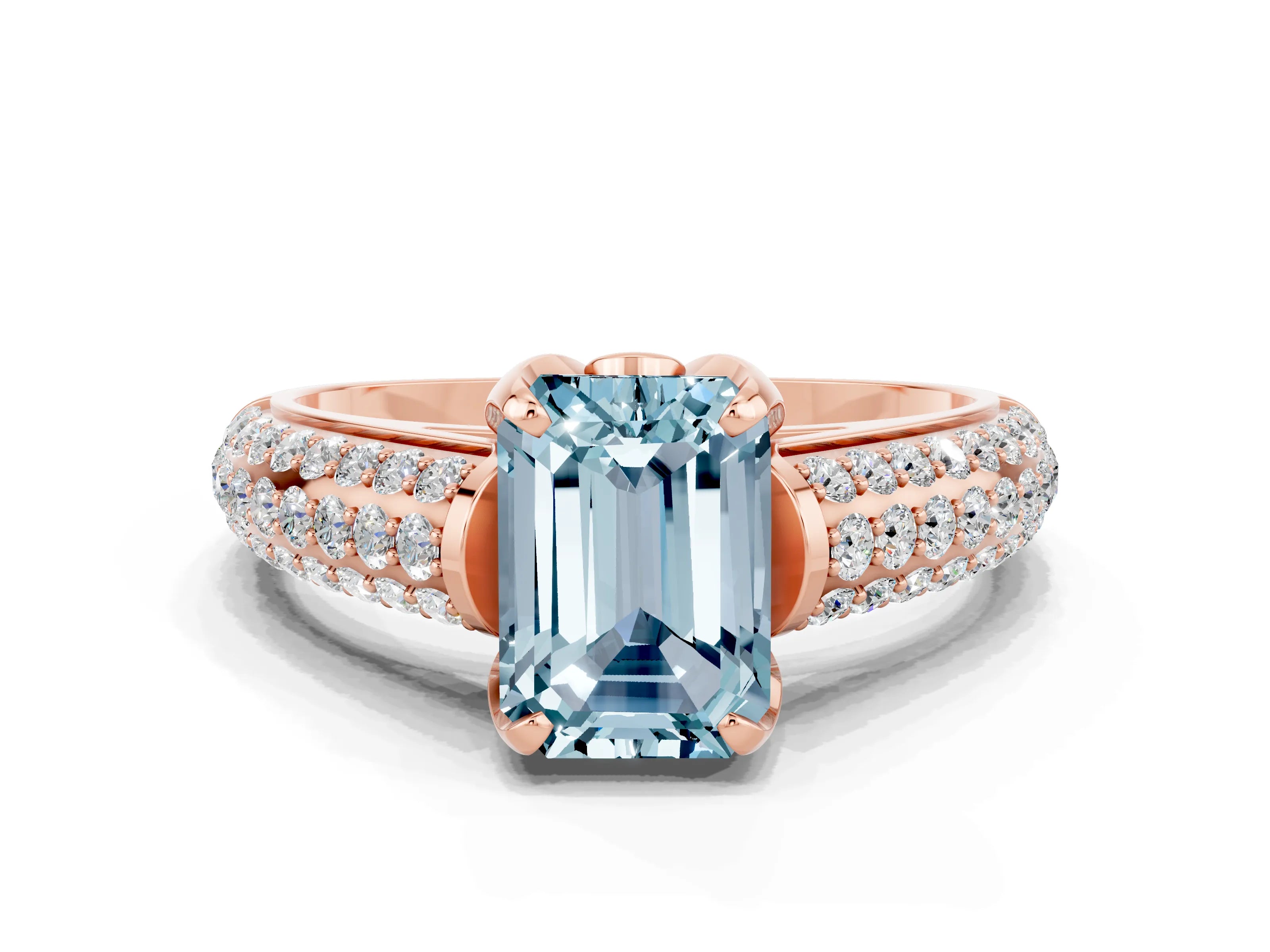 Rose gold Emerald Cut Aquamarine Solitaire Ring with Three-Row Pavé Band and Four-Prong Setting_12