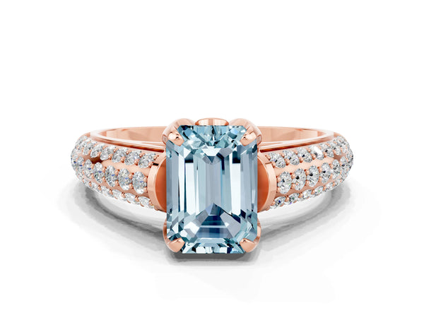 Rose gold Emerald Cut Aquamarine Solitaire Ring with Three-Row Pavé Band and Four-Prong Setting