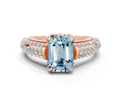 Rose gold Emerald Cut Aquamarine Solitaire Ring with Three-Row Pavé Band and Four-Prong Setting_12