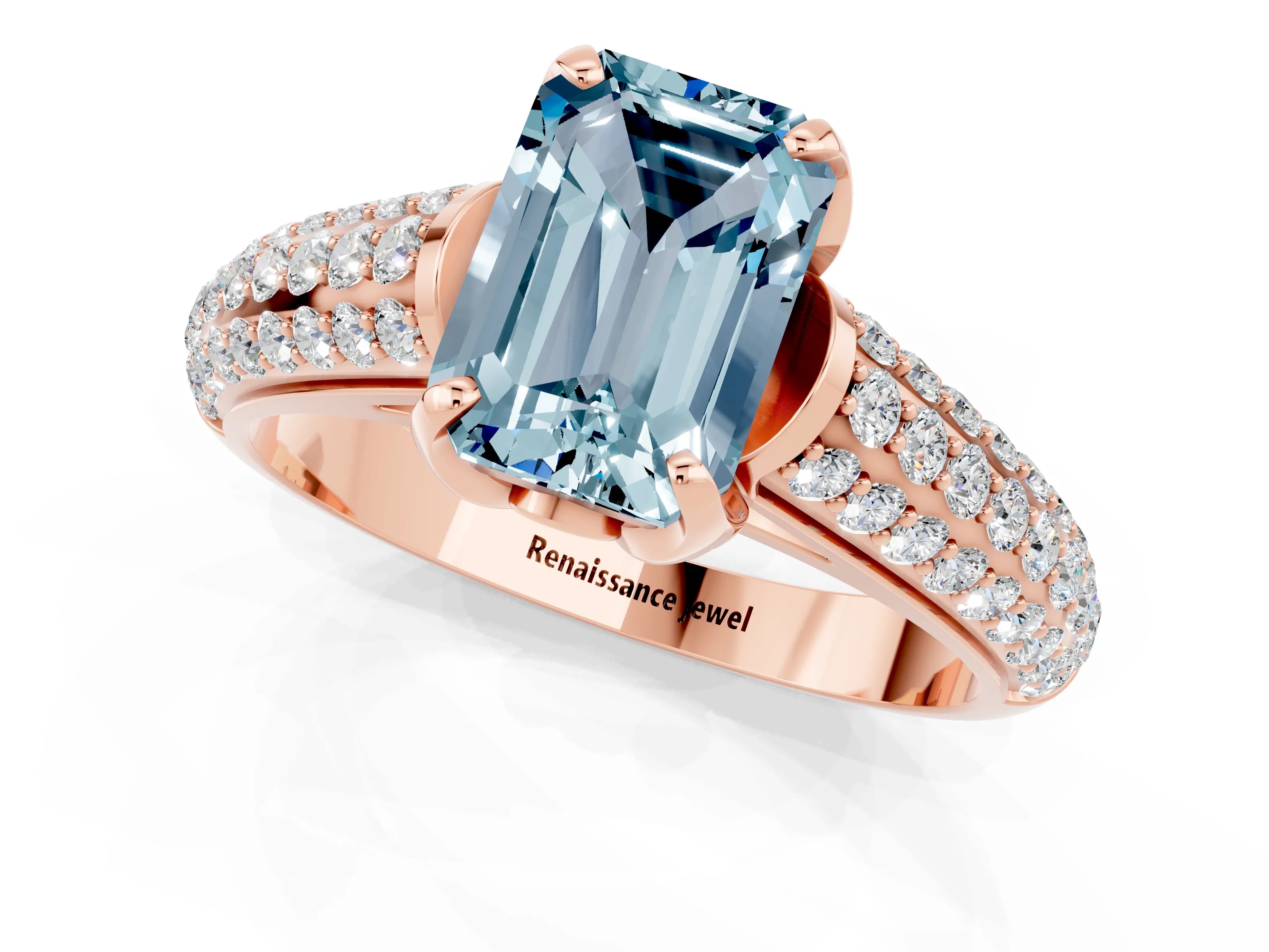 Rose gold Emerald Cut Aquamarine Solitaire Ring with Three-Row Pavé Band and Four-Prong Setting_13