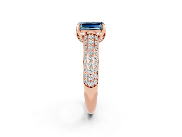 Rose gold Emerald Cut Aquamarine Solitaire Ring with Three-Row Pavé Band and Four-Prong Setting