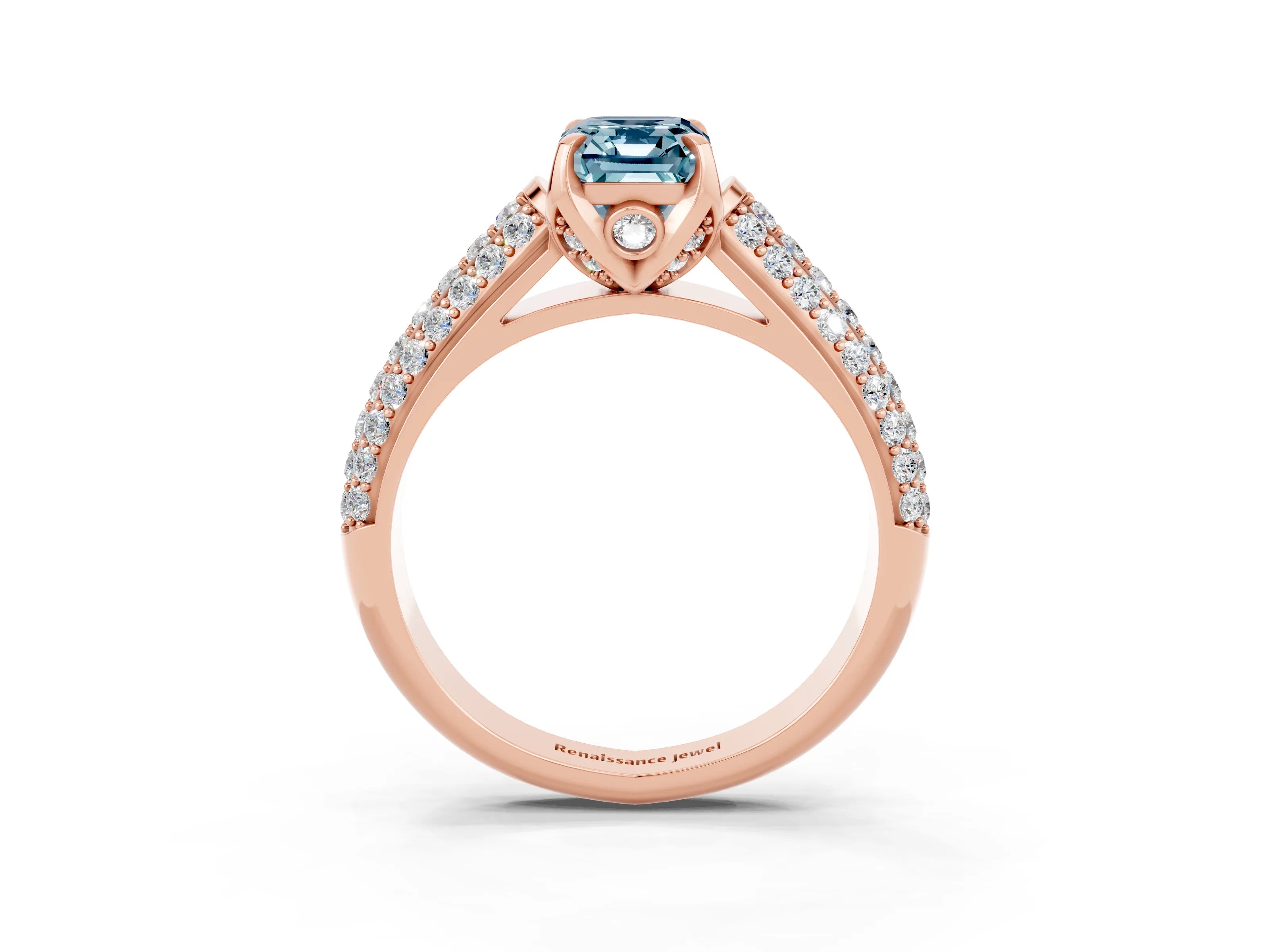 Rose gold Emerald Cut Aquamarine Solitaire Ring with Three-Row Pavé Band and Four-Prong Setting_15