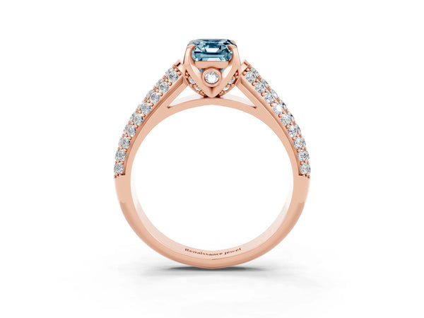 Rose gold Emerald Cut Aquamarine Solitaire Ring with Three-Row Pavé Band and Four-Prong Setting