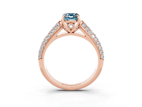 Rose gold Emerald Cut Aquamarine Solitaire Ring with Three-Row Pavé Band and Four-Prong Setting_15