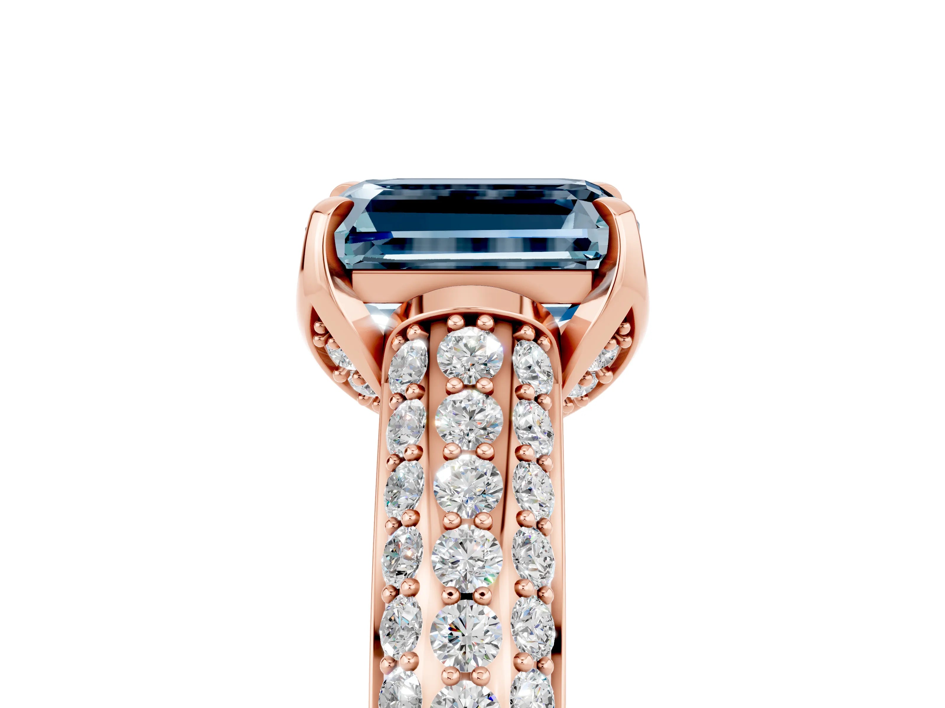 Rose gold Emerald Cut Aquamarine Solitaire Ring with Three-Row Pavé Band and Four-Prong Setting_17