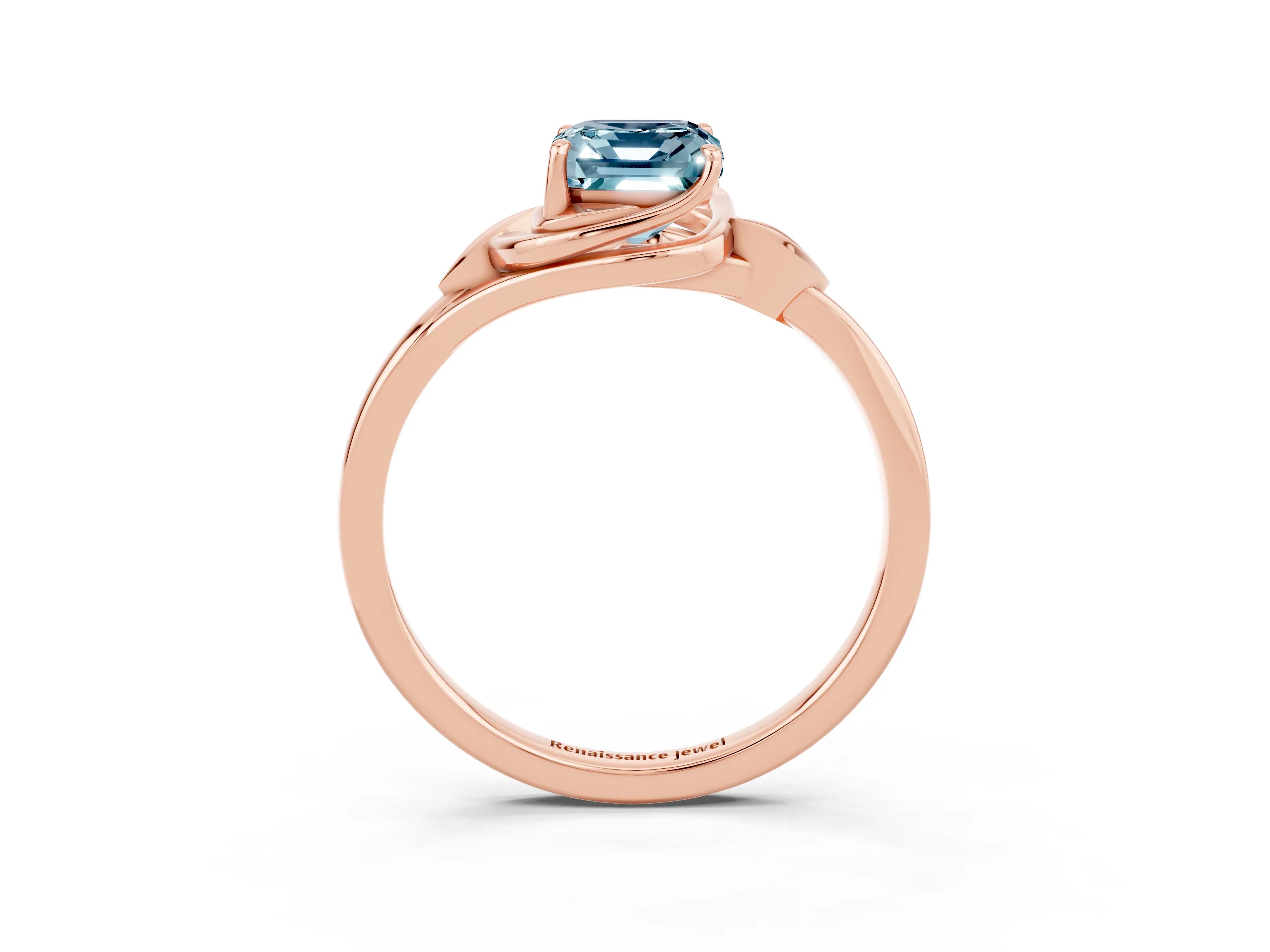 Rose gold Emerald Cut Aquamarine Solitaire Ring with Twist Band and Four-Prong Setting_27