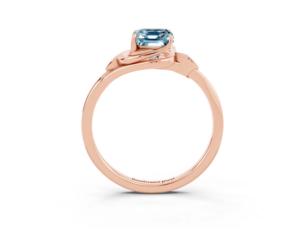 Rose gold Emerald Cut Aquamarine Solitaire Ring with Twist Band and Four-Prong Setting