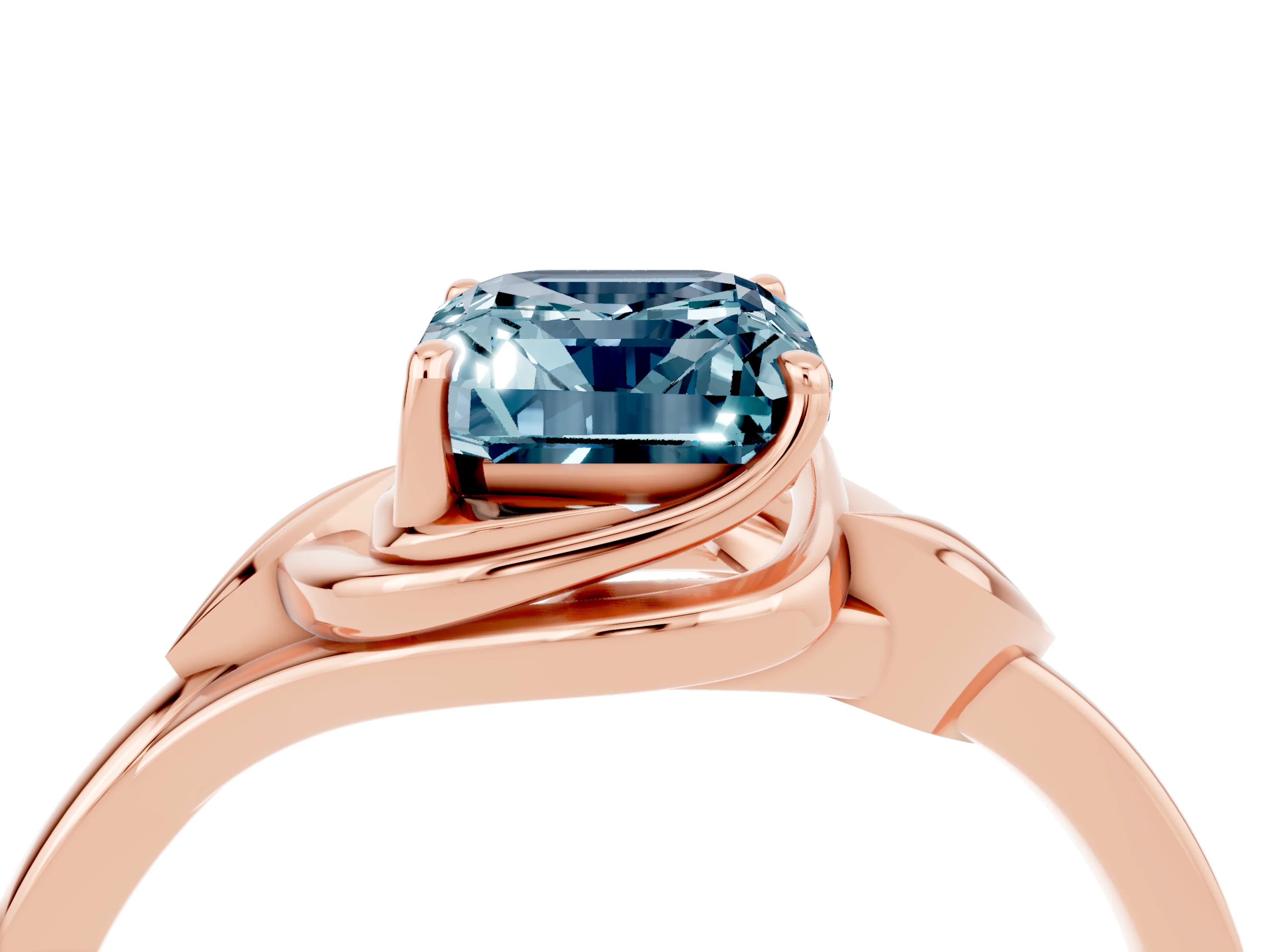 Rose gold Emerald Cut Aquamarine Solitaire Ring with Twist Band and Four-Prong Setting_28