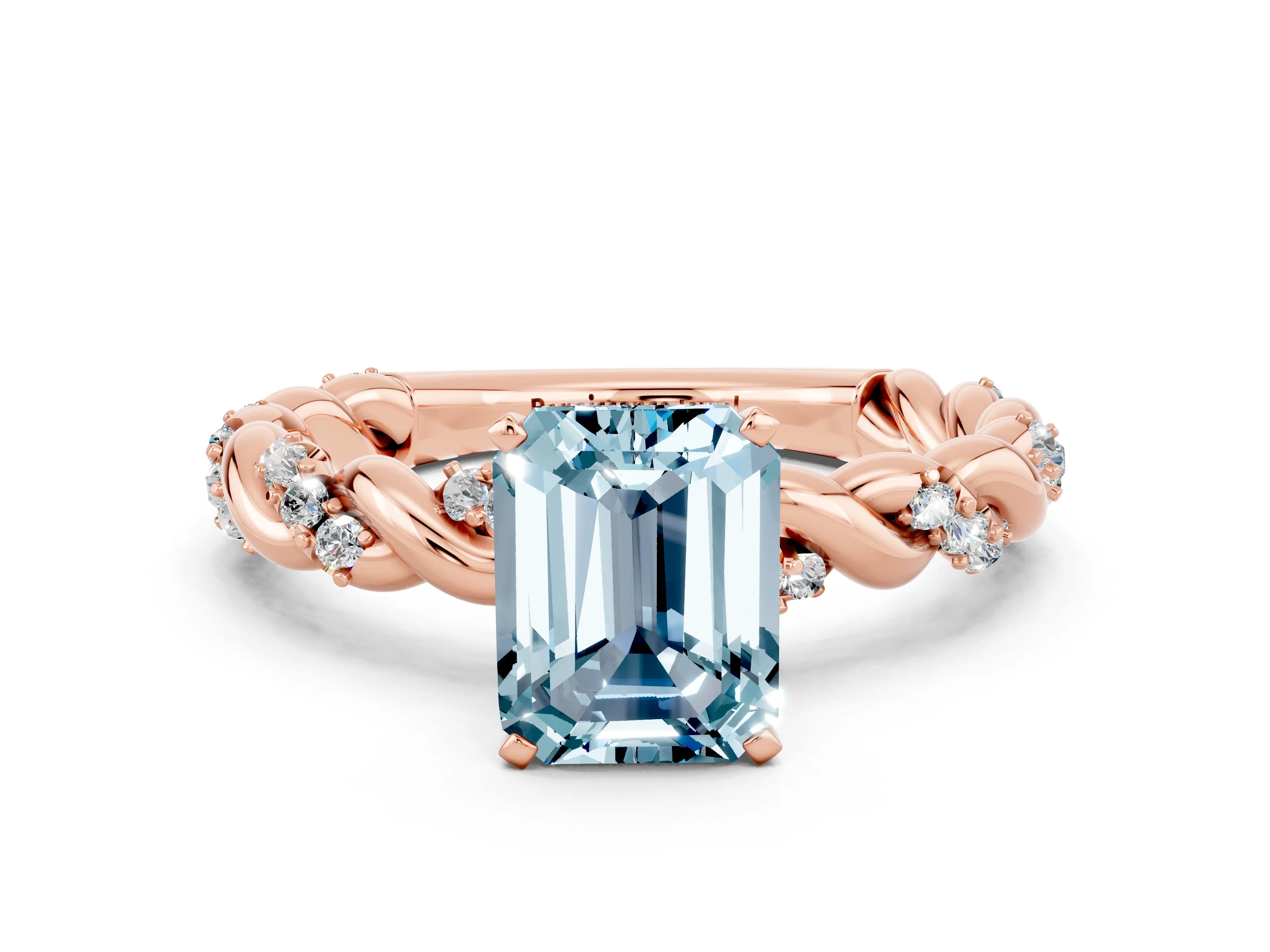 Rose gold Emerald Cut Aquamarine Solitaire Ring with Twisted Band and Pavé Accents
