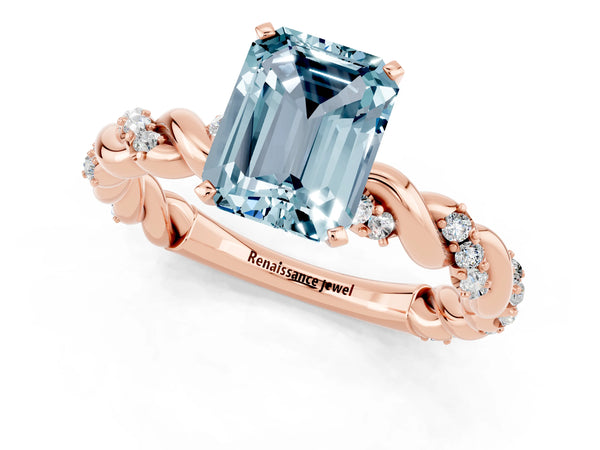 Rose gold Emerald Cut Aquamarine Solitaire Ring with Twisted Band and Pavé Accents