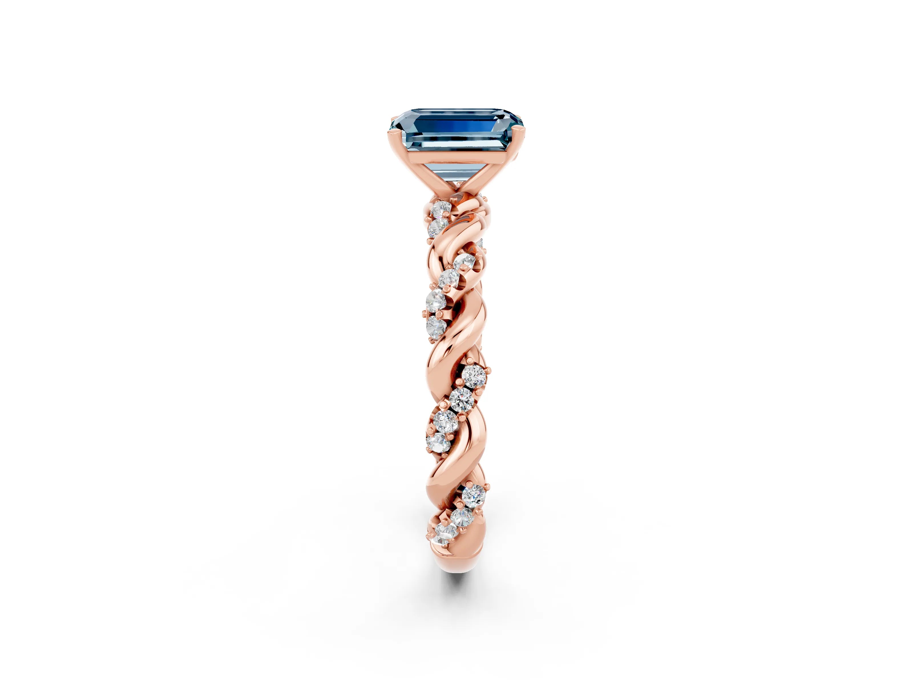Rose gold Emerald Cut Aquamarine Solitaire Ring with Twisted Band and Pavé Accents_2