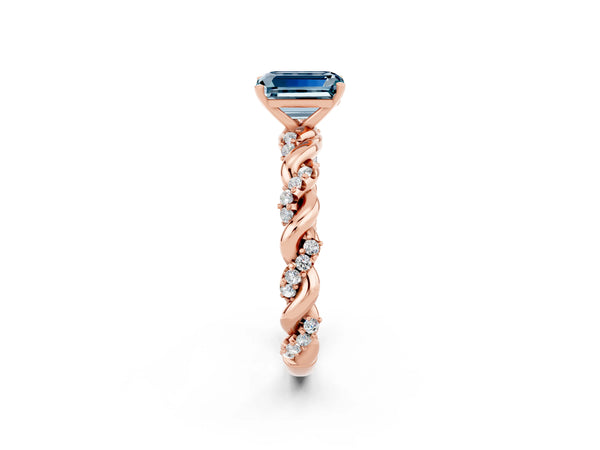 Rose gold Emerald Cut Aquamarine Solitaire Ring with Twisted Band and Pavé Accents