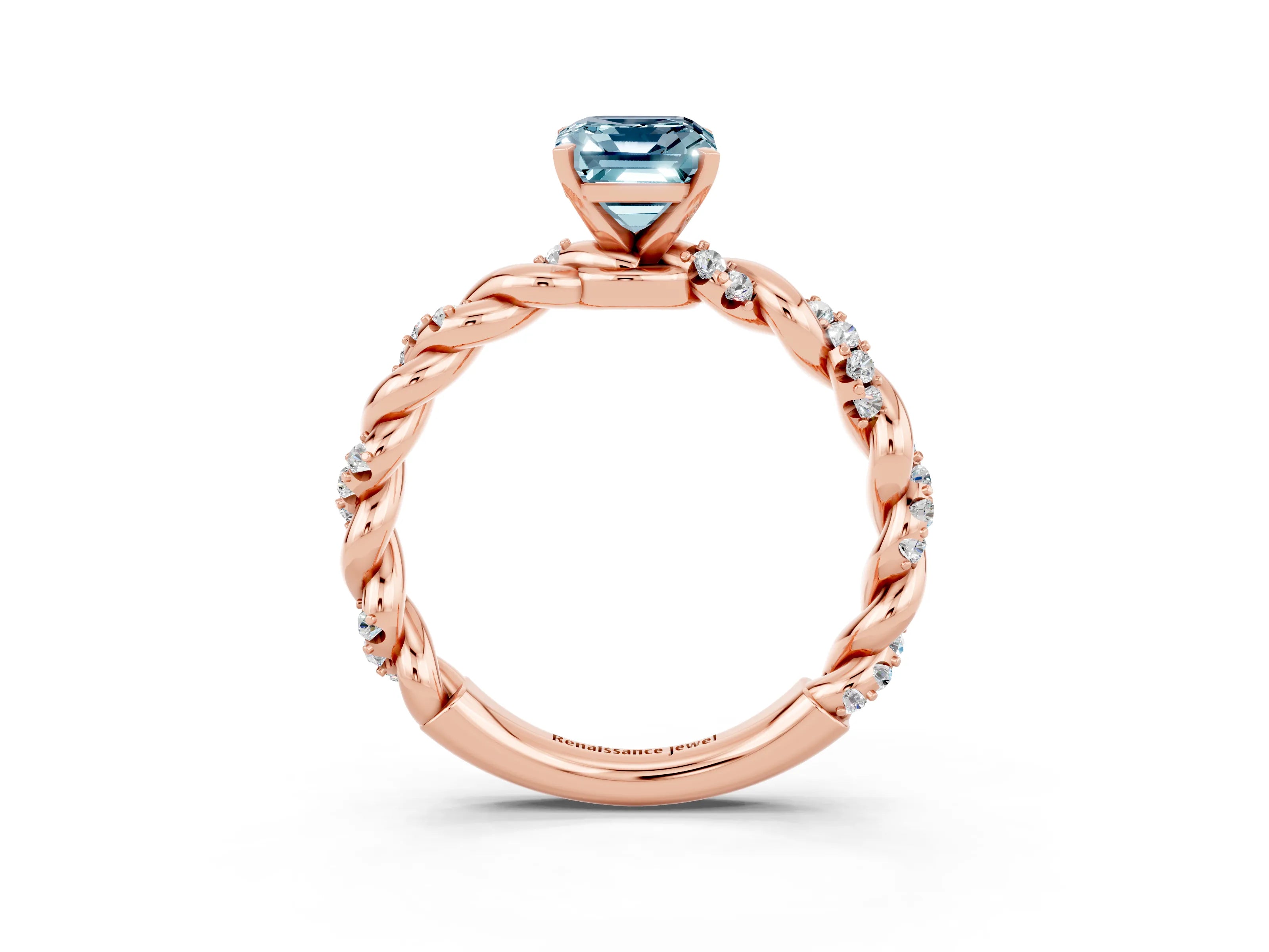Rose gold Emerald Cut Aquamarine Solitaire Ring with Twisted Band and Pavé Accents_3