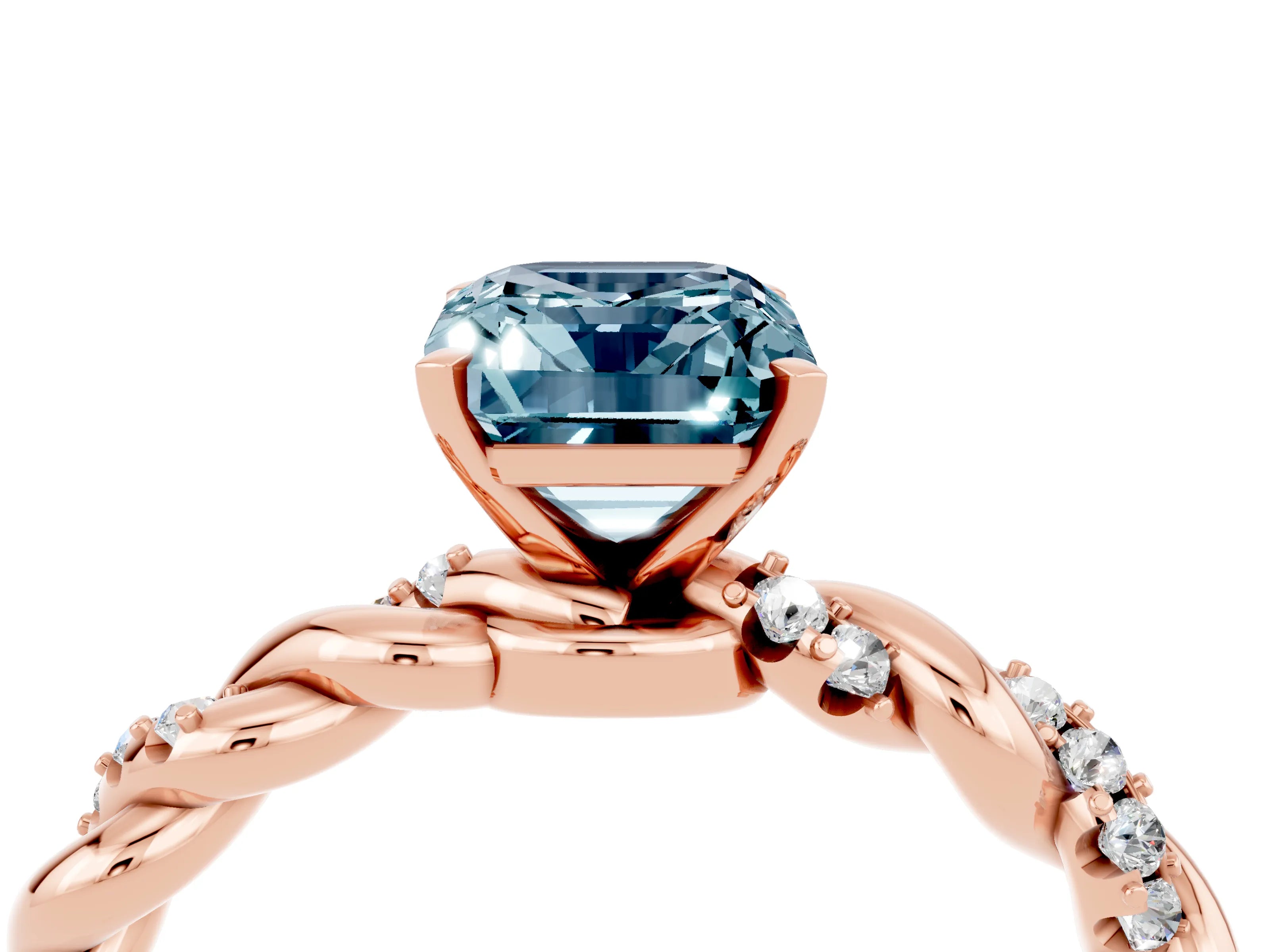 Rose gold Emerald Cut Aquamarine Solitaire Ring with Twisted Band and Pavé Accents_4