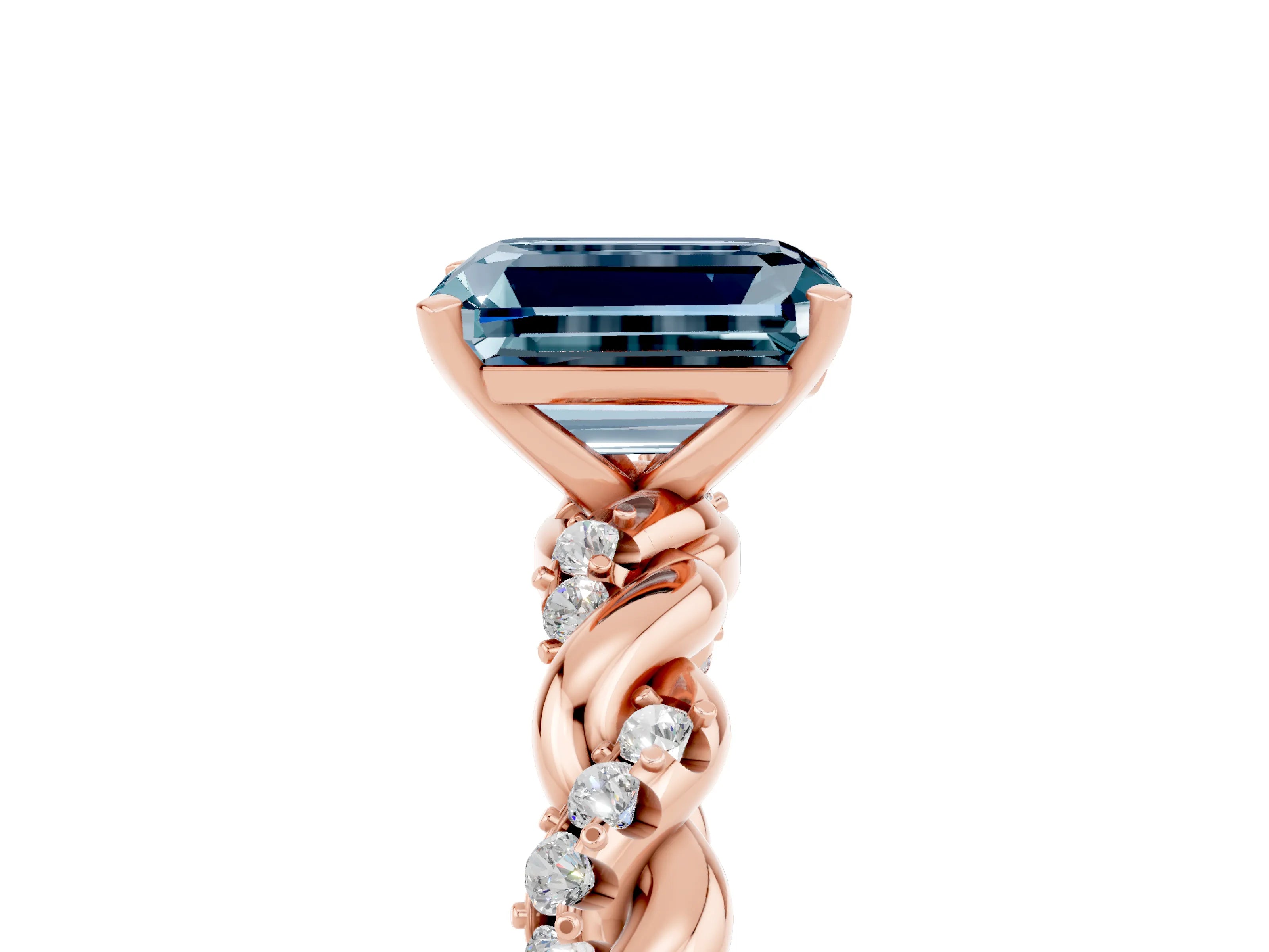 Rose gold Emerald Cut Aquamarine Solitaire Ring with Twisted Band and Pavé Accents_5