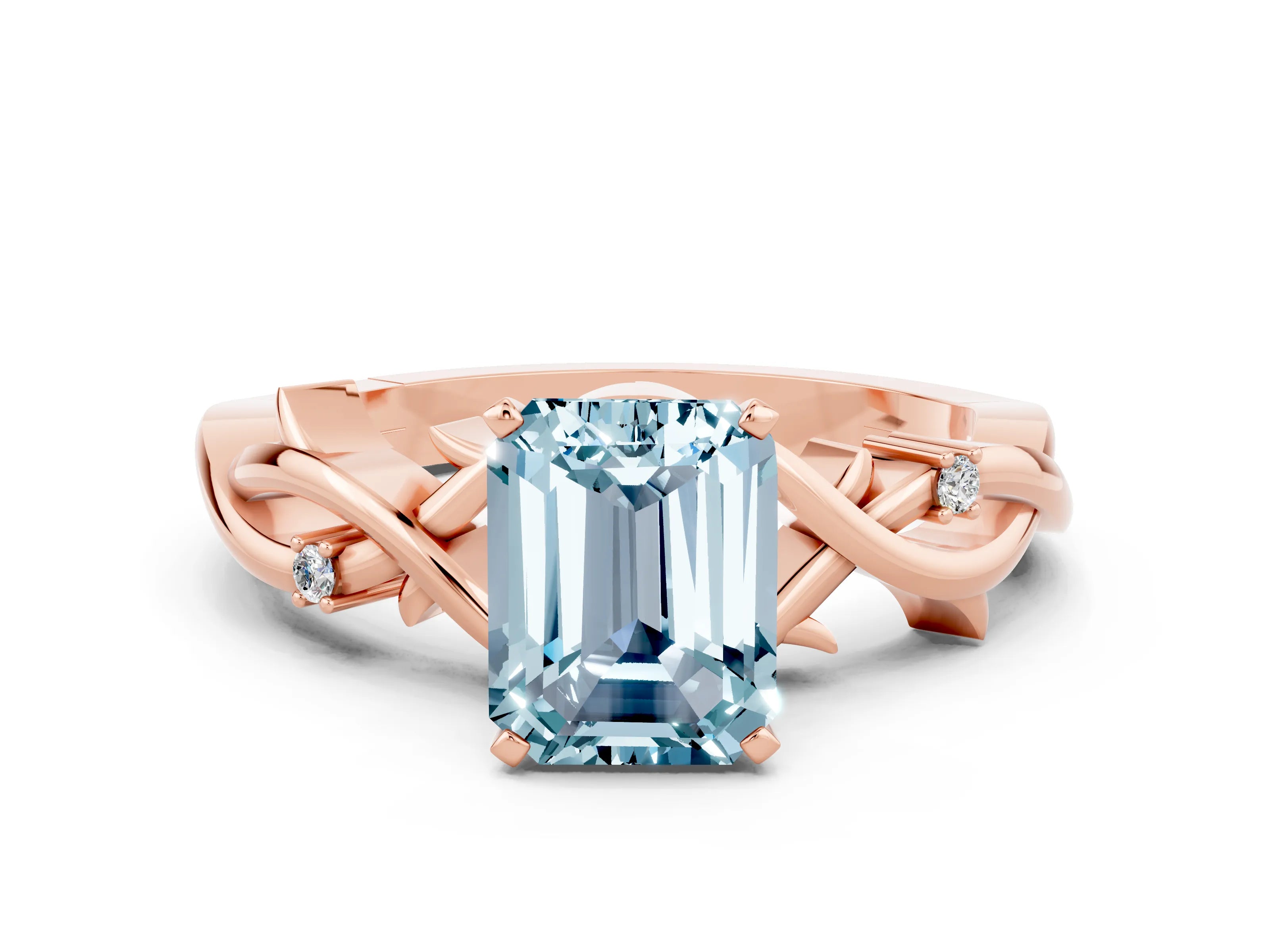 Rose gold Emerald Cut Aquamarine Solitaire Ring with Twisted Band and Prong Setting