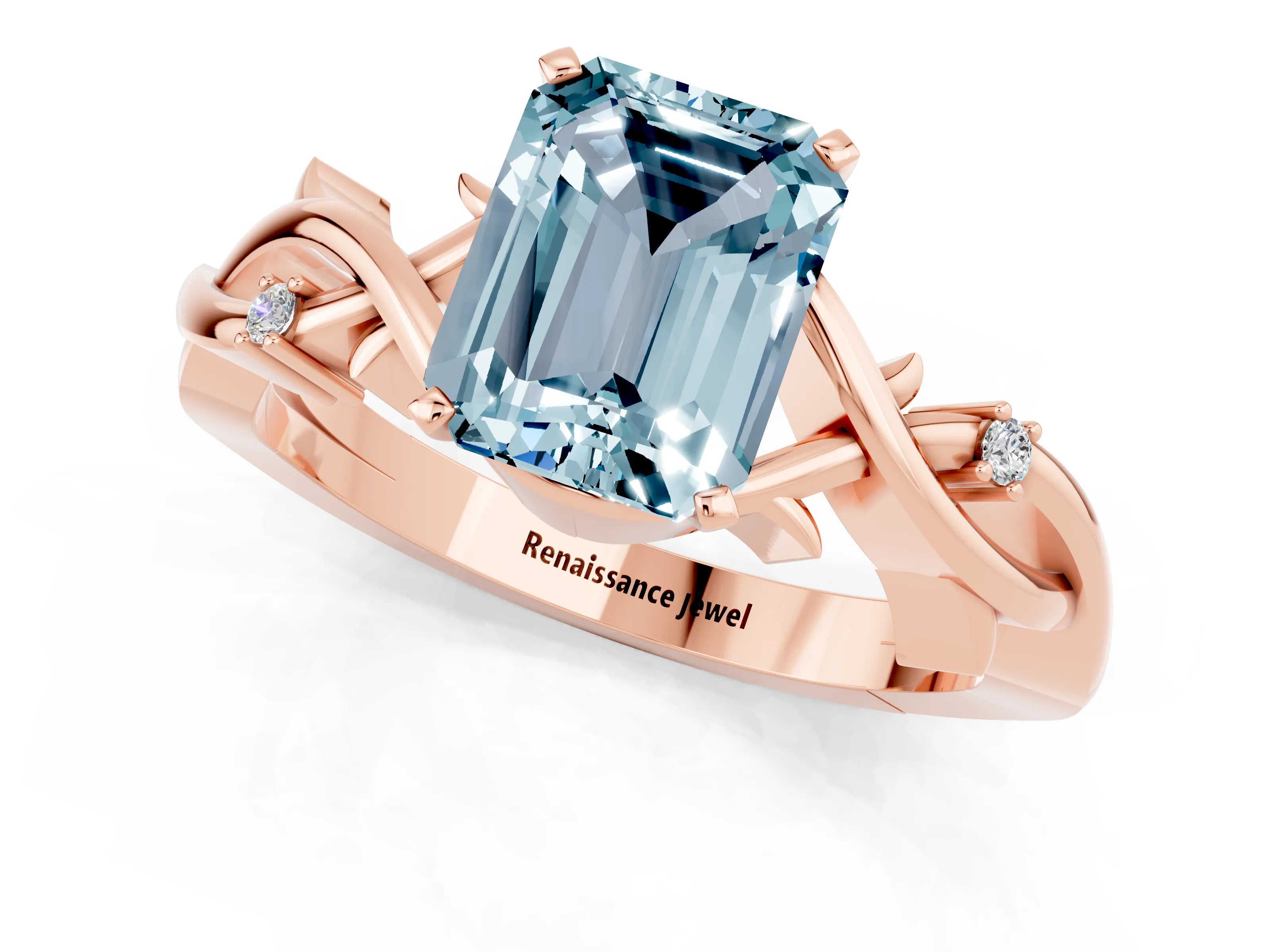 Rose gold Emerald Cut Aquamarine Solitaire Ring with Twisted Band and Prong Setting_1
