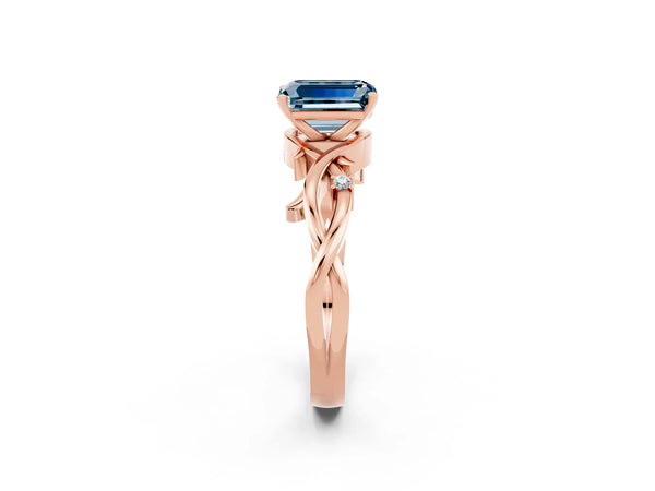 Rose gold Emerald Cut Aquamarine Solitaire Ring with Twisted Band and Prong Setting