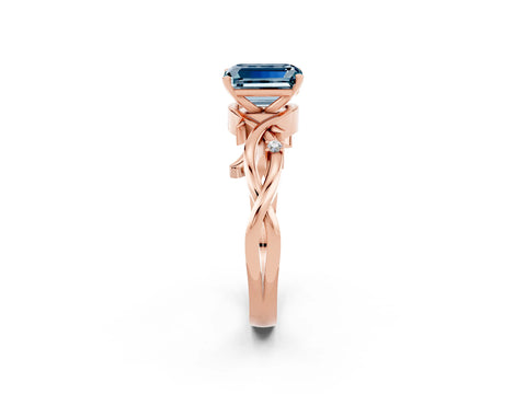 Rose gold Emerald Cut Aquamarine Solitaire Ring with Twisted Band and Prong Setting_2