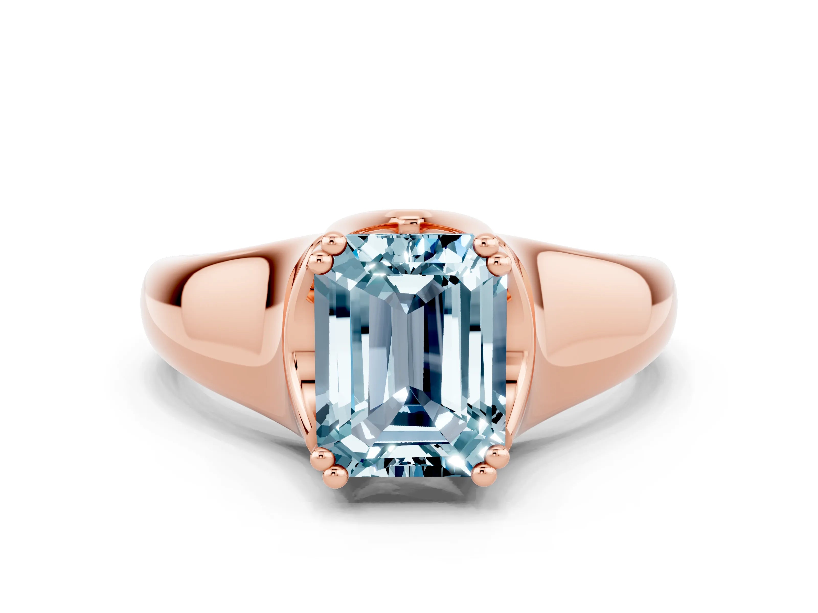 Rose gold Emerald Cut Aquamarine Solitaire Ring with Wide Band and Prong Setting
