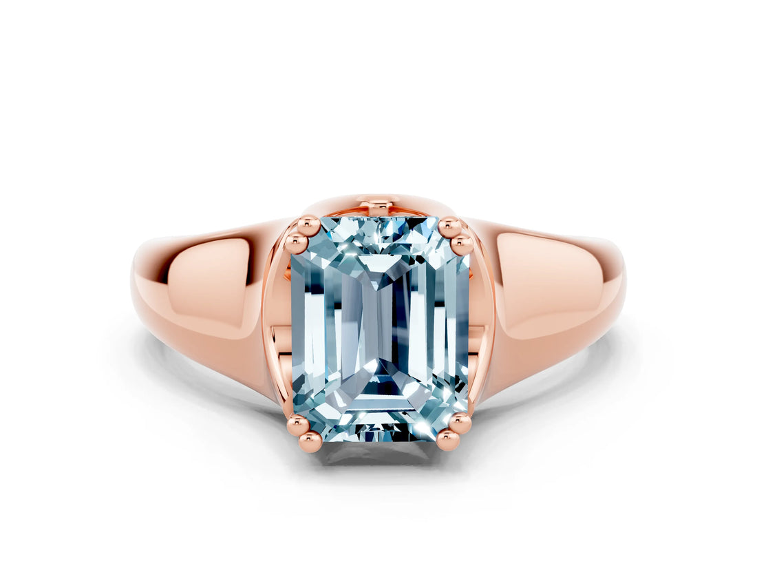 Rose gold Emerald Cut Aquamarine Solitaire Ring with Wide Band and Prong Setting