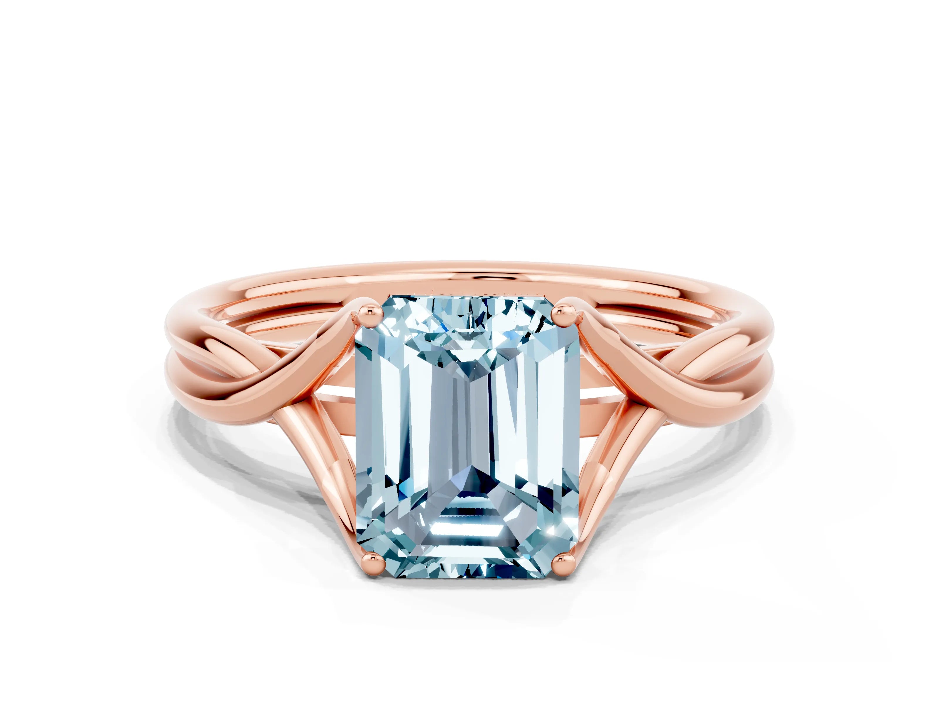 Rose gold Emerald Cut Aquamarine Solitaire Twist Band Prong Setting Ring_48