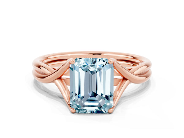 Rose gold Emerald Cut Aquamarine Solitaire Twist Band Prong Setting Ring