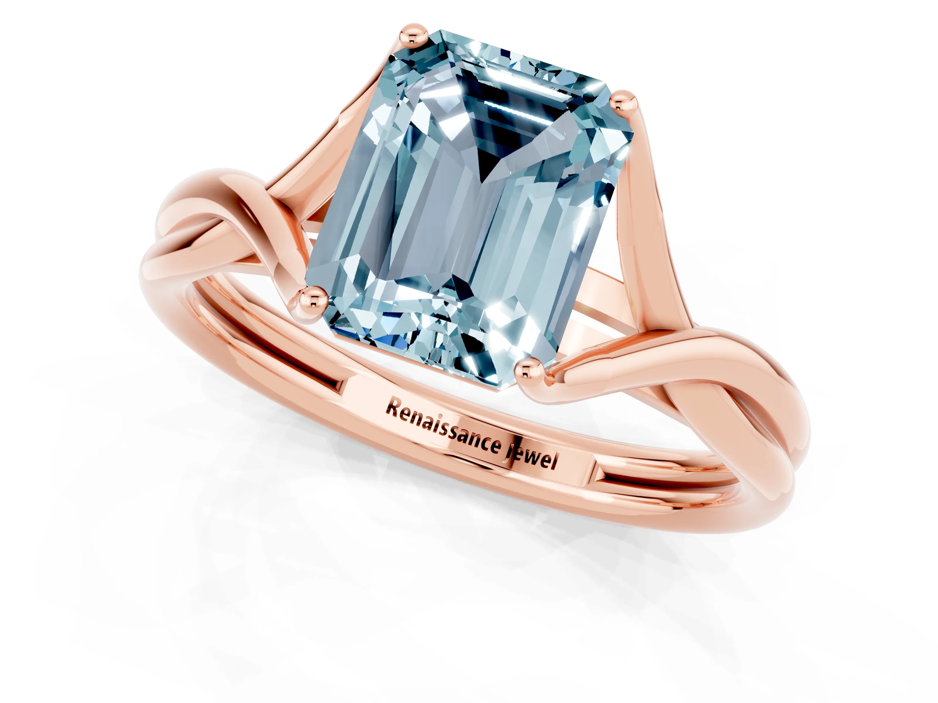 Rose gold Emerald Cut Aquamarine Solitaire Twist Band Prong Setting Ring_49