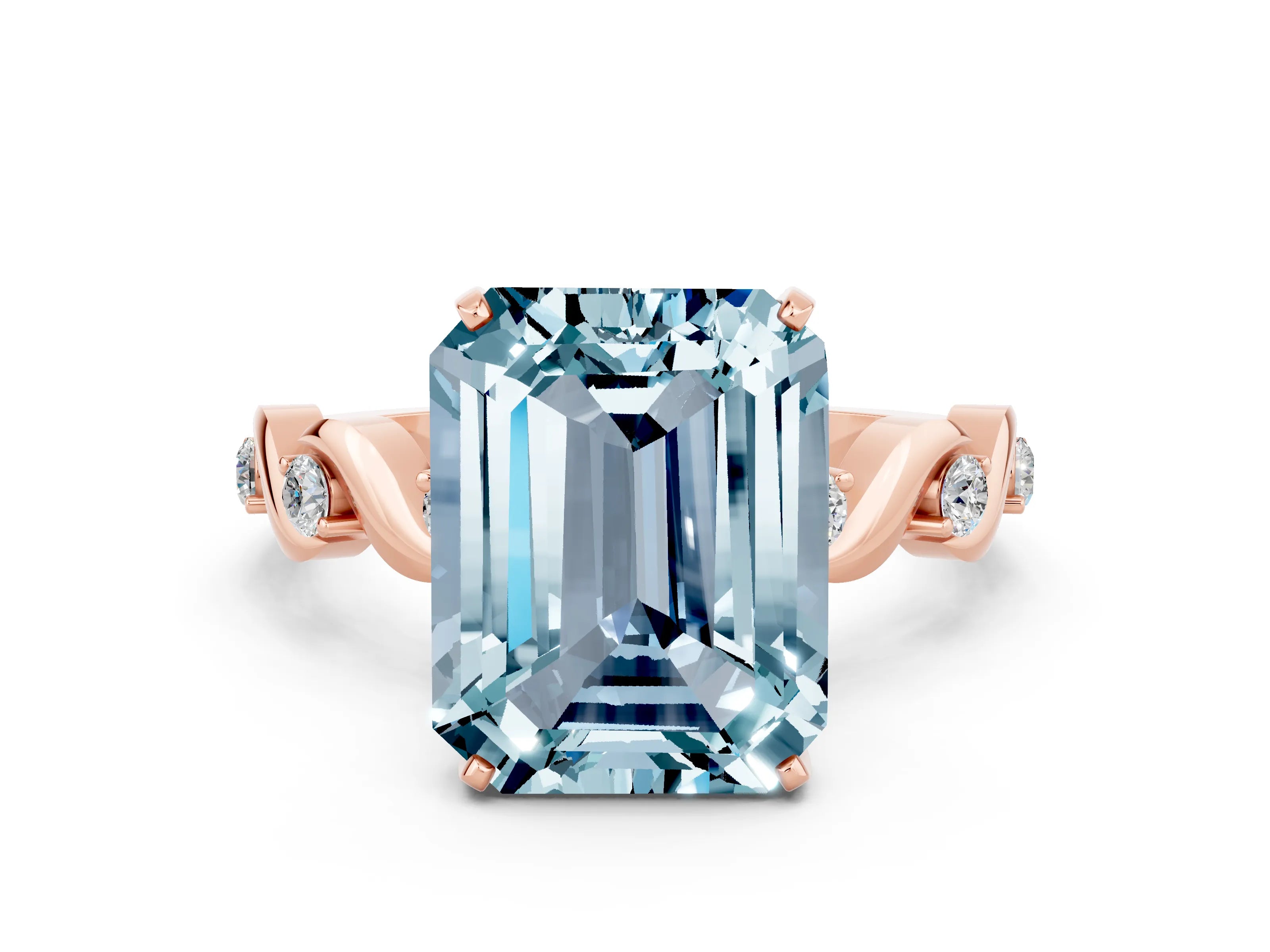Rose gold Emerald Cut Aquamarine Solitaire Twisted Band with Round  Accents and Prong Setting_12