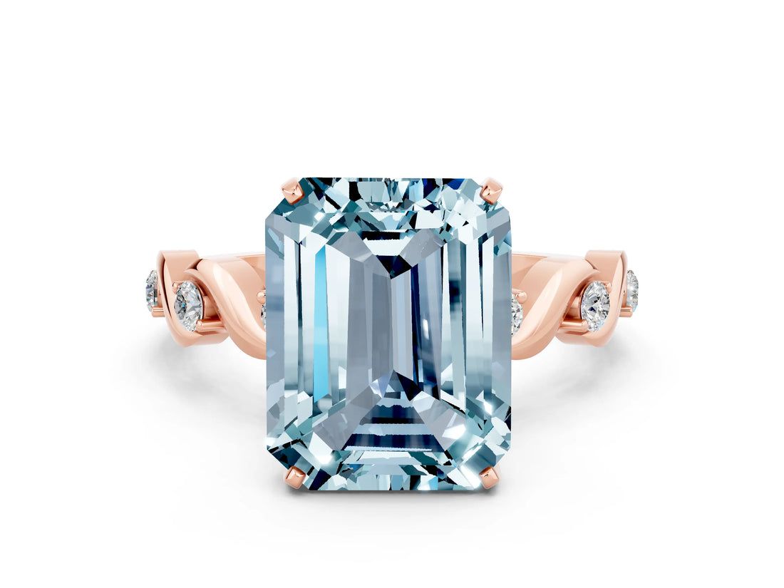Rose gold Emerald Cut Aquamarine Solitaire Twisted Band with Round  Accents and Prong Setting_12