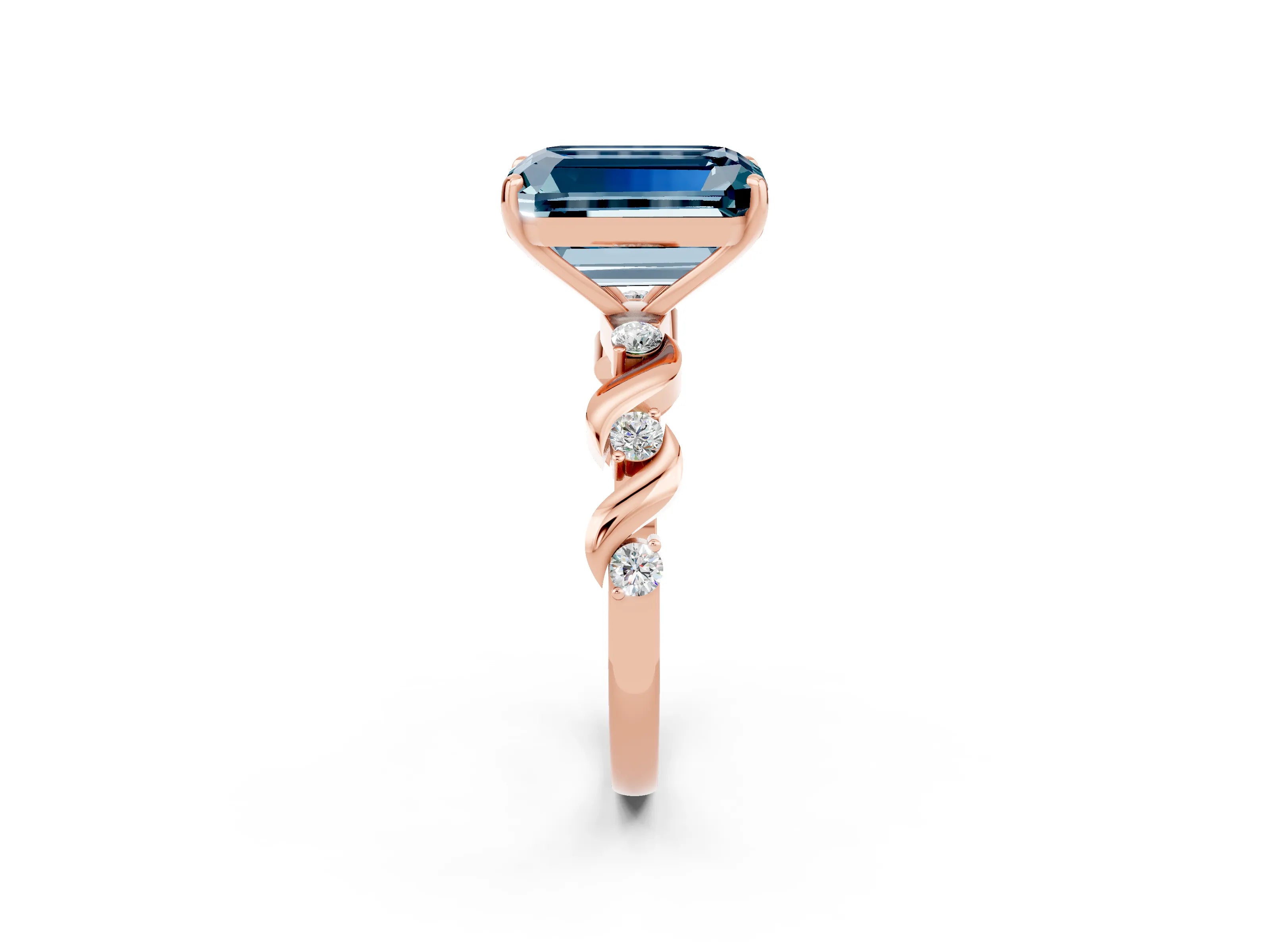 Rose gold Emerald Cut Aquamarine Solitaire Twisted Band with Round  Accents and Prong Setting_14