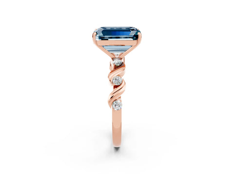 Rose gold Emerald Cut Aquamarine Solitaire Twisted Band with Round  Accents and Prong Setting_14