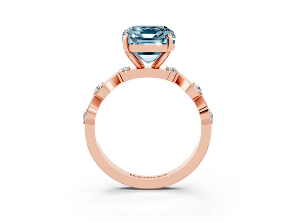 Rose gold Emerald Cut Aquamarine Solitaire Twisted Band with Round  Accents and Prong Setting