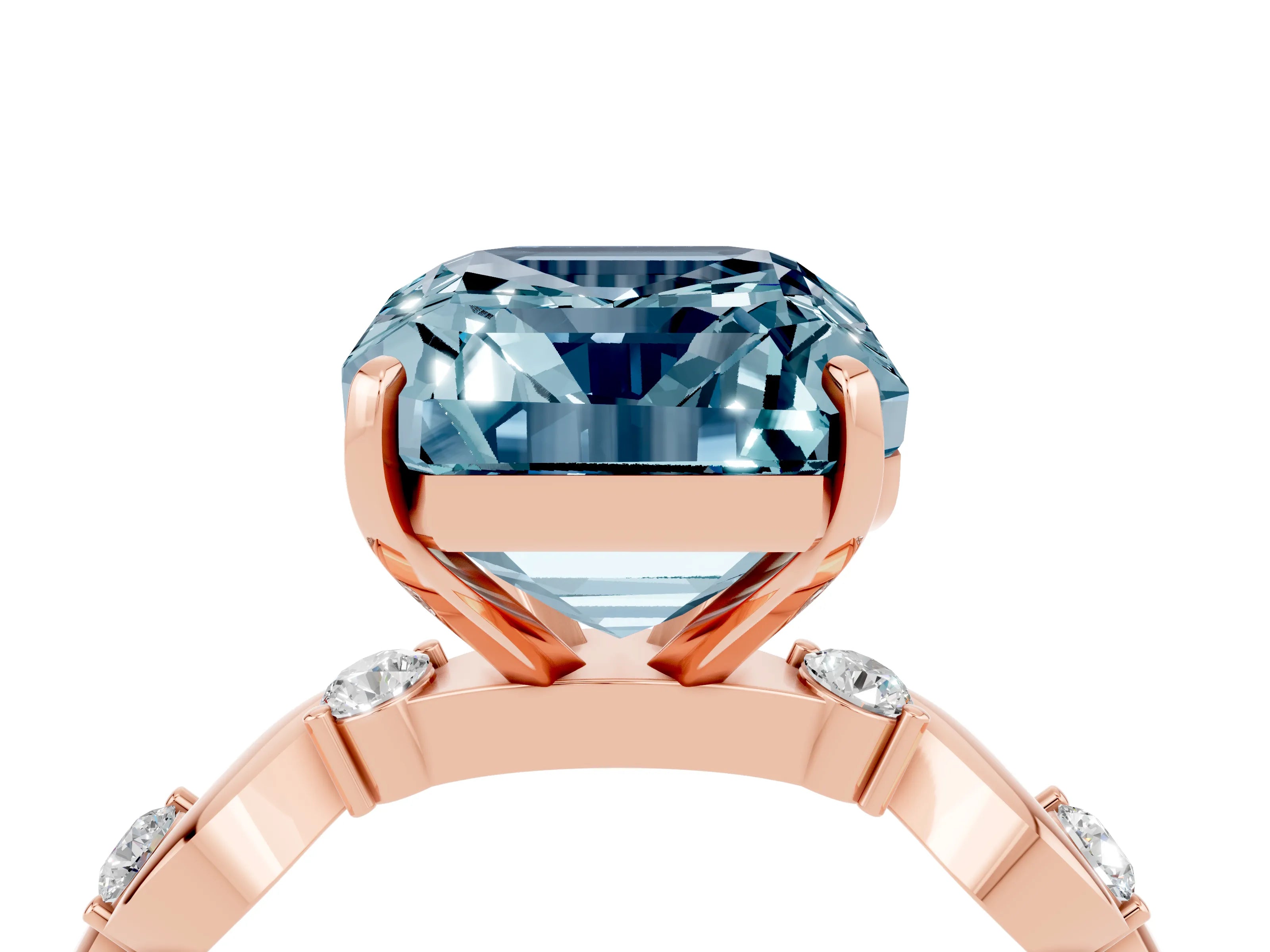 Rose gold Emerald Cut Aquamarine Solitaire Twisted Band with Round  Accents and Prong Setting_16