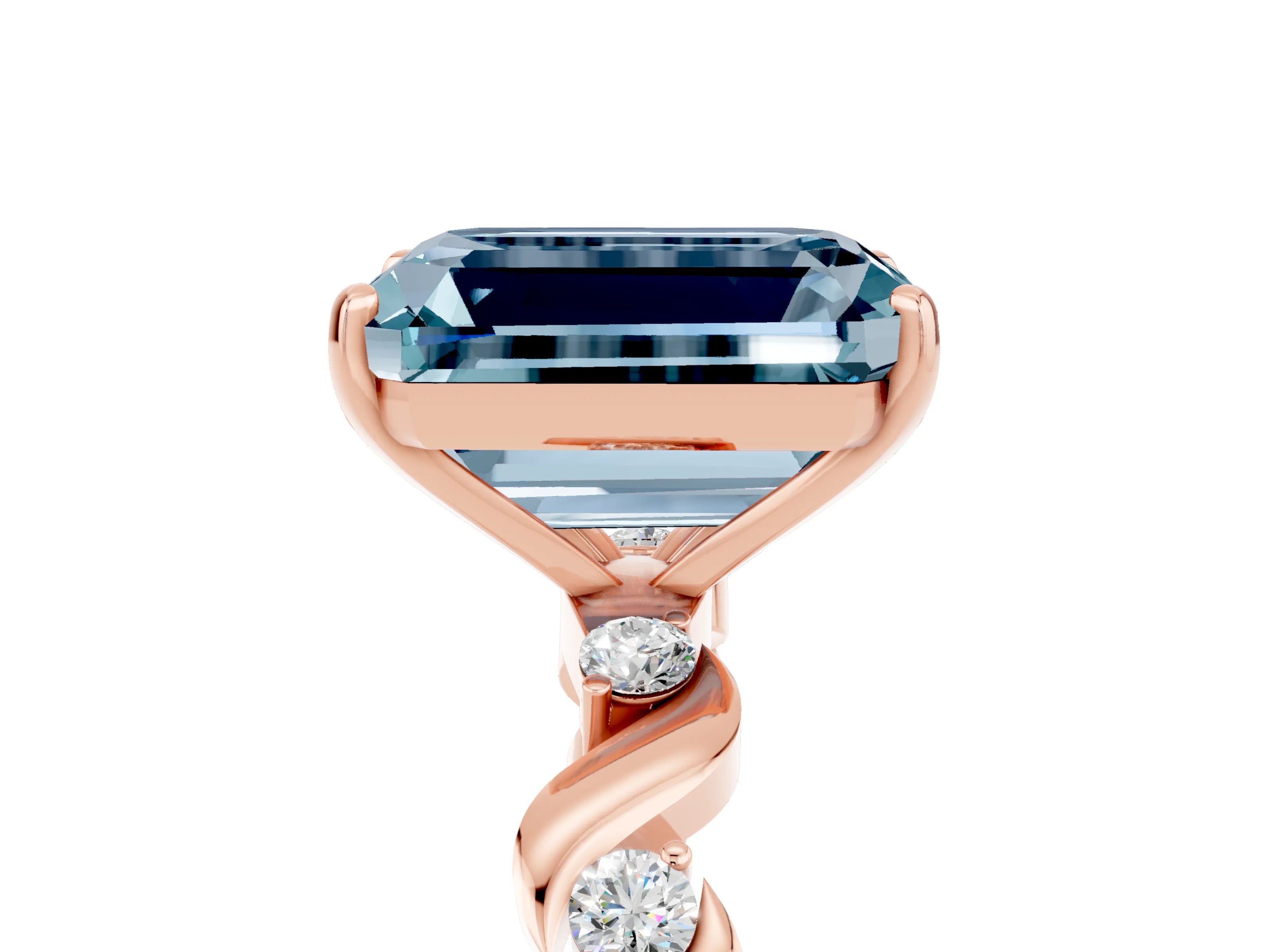 Rose gold Emerald Cut Aquamarine Solitaire Twisted Band with Round  Accents and Prong Setting_17