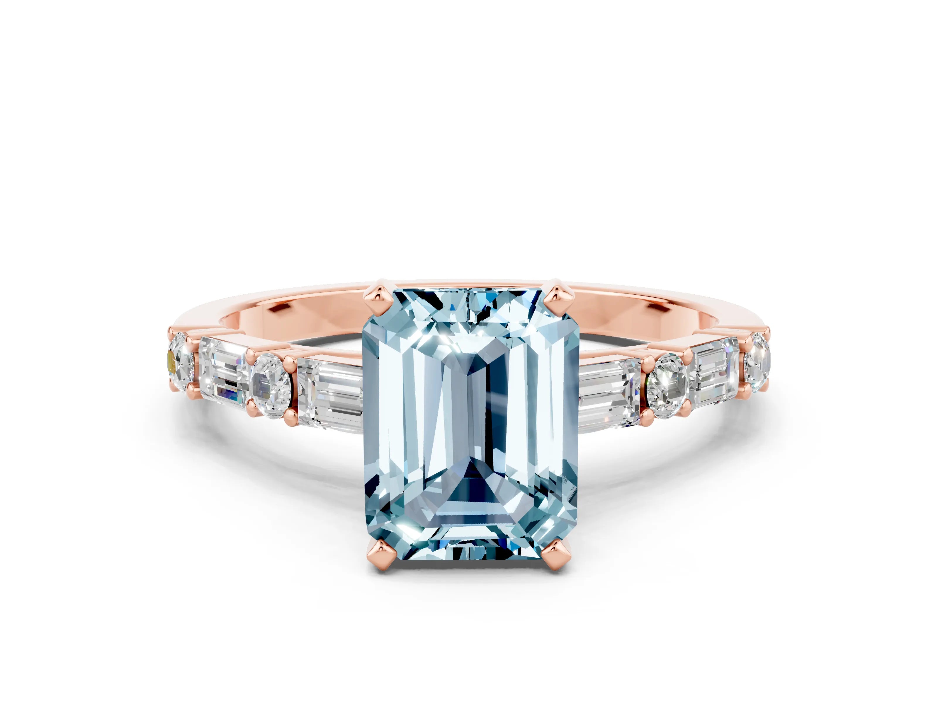 Rose gold Emerald Cut Aquamarine Solitaire with Side Baguettes and Channel Set Band