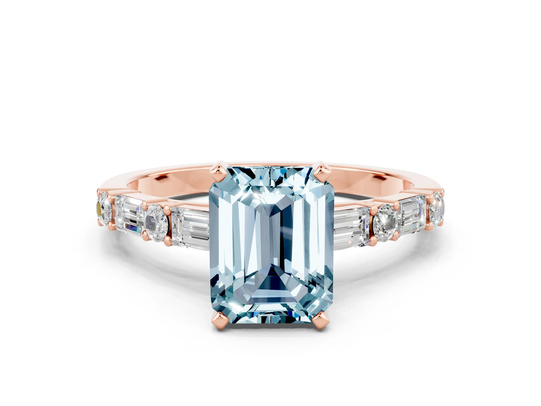 Rose gold Emerald Cut Aquamarine Solitaire with Side Baguettes and Channel Set Band
