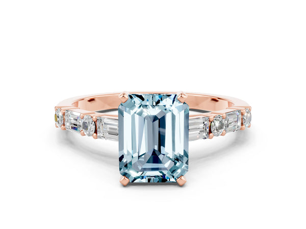 Rose gold Emerald Cut Aquamarine Solitaire with Side Baguettes and Channel Set Band