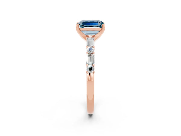 Rose gold Emerald Cut Aquamarine Solitaire with Side Baguettes and Channel Set Band