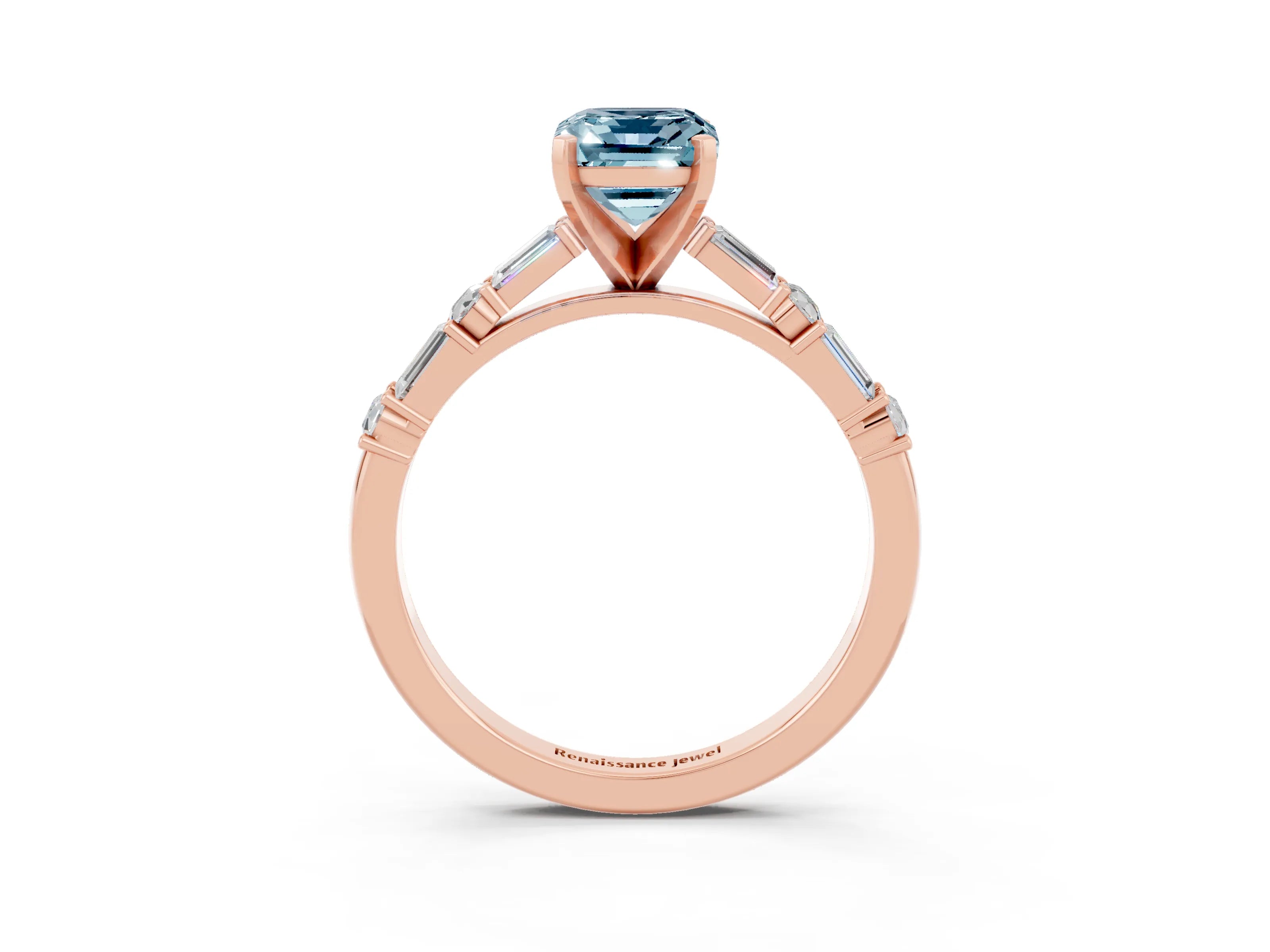 Rose gold Emerald Cut Aquamarine Solitaire with Side Baguettes and Channel Set Band_3