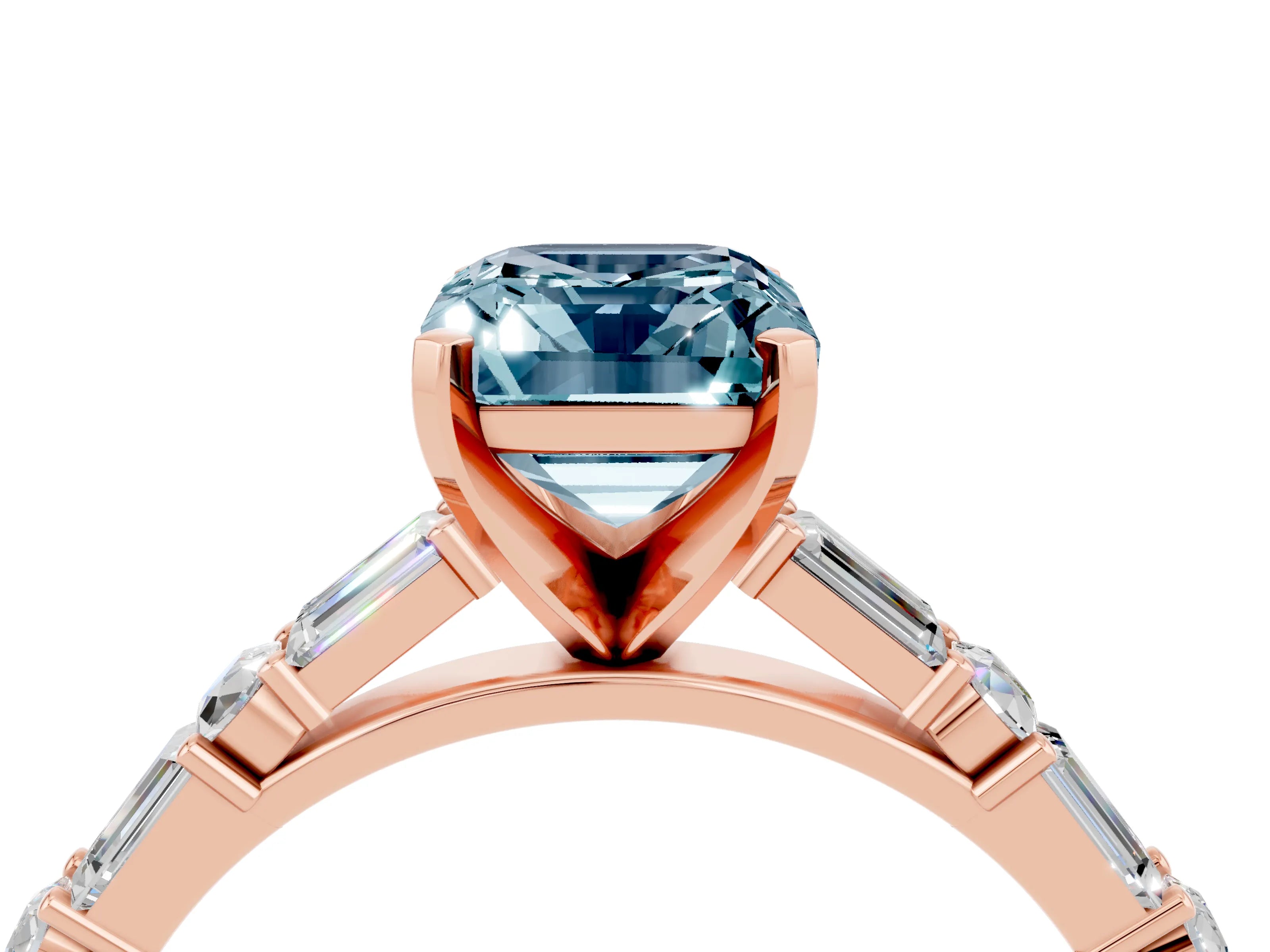 Rose gold Emerald Cut Aquamarine Solitaire with Side Baguettes and Channel Set Band_4
