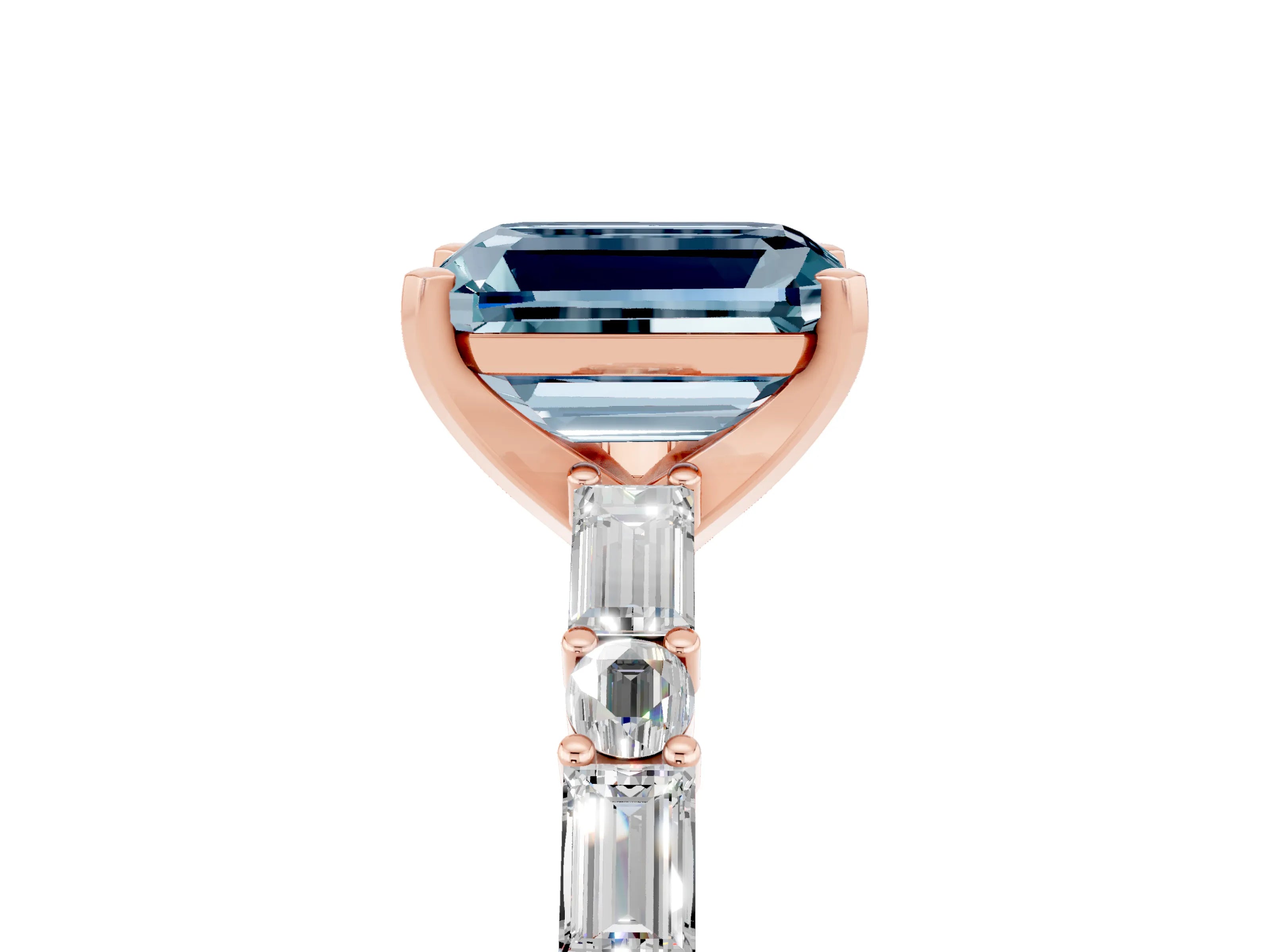 Rose gold Emerald Cut Aquamarine Solitaire with Side Baguettes and Channel Set Band_5