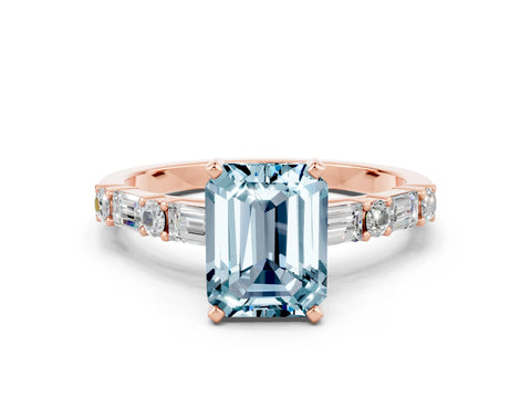 Rose gold Emerald Cut Aquamarine Solitaire with Side Baguettes and Channel Set Band