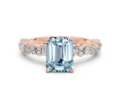Rose gold Emerald Cut Aquamarine Solitaire with Side Stones, Pave Band, Four-Prong Setting_48