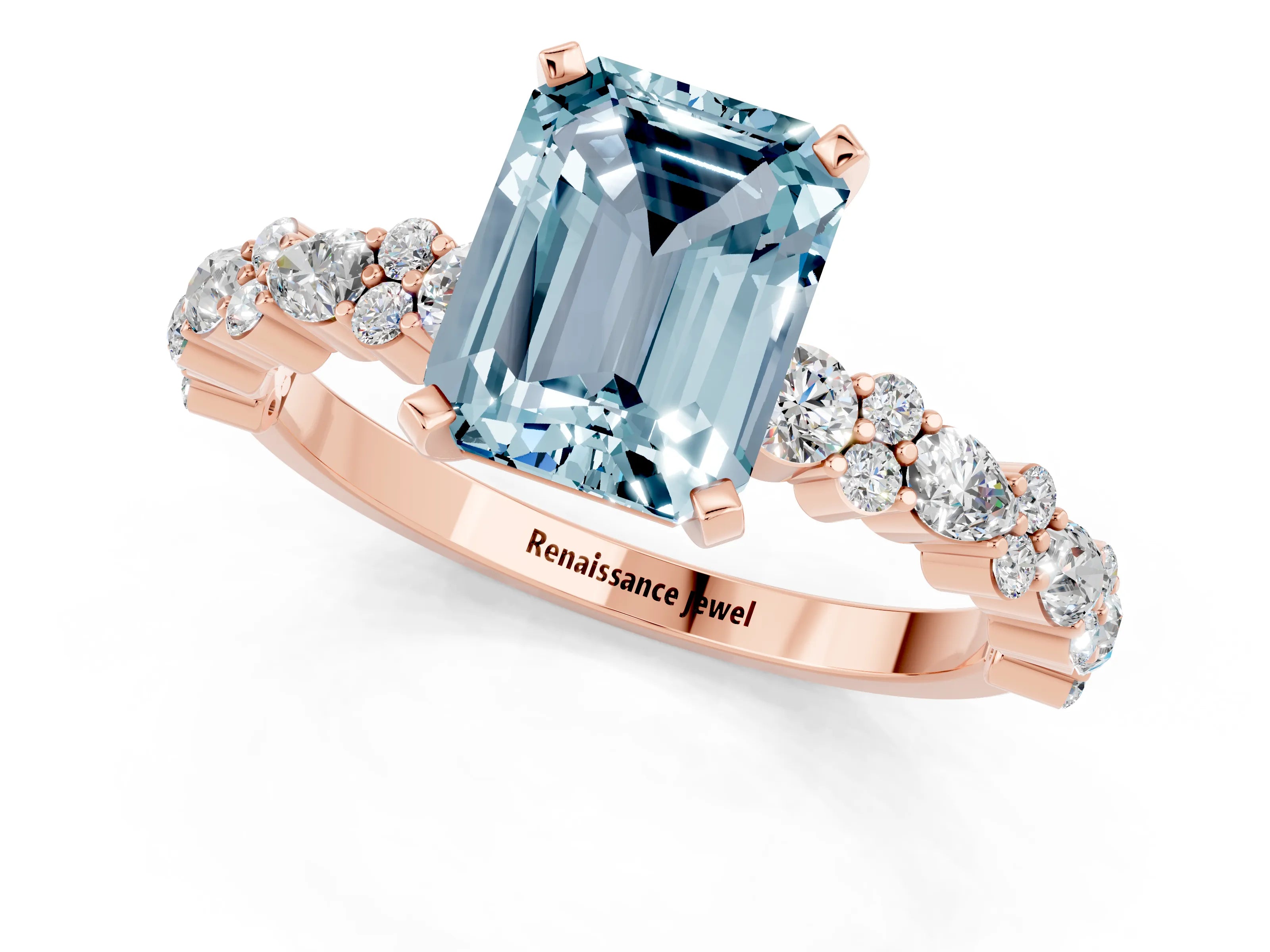 Rose gold Emerald Cut Aquamarine Solitaire with Side Stones, Pave Band, Four-Prong Setting_49