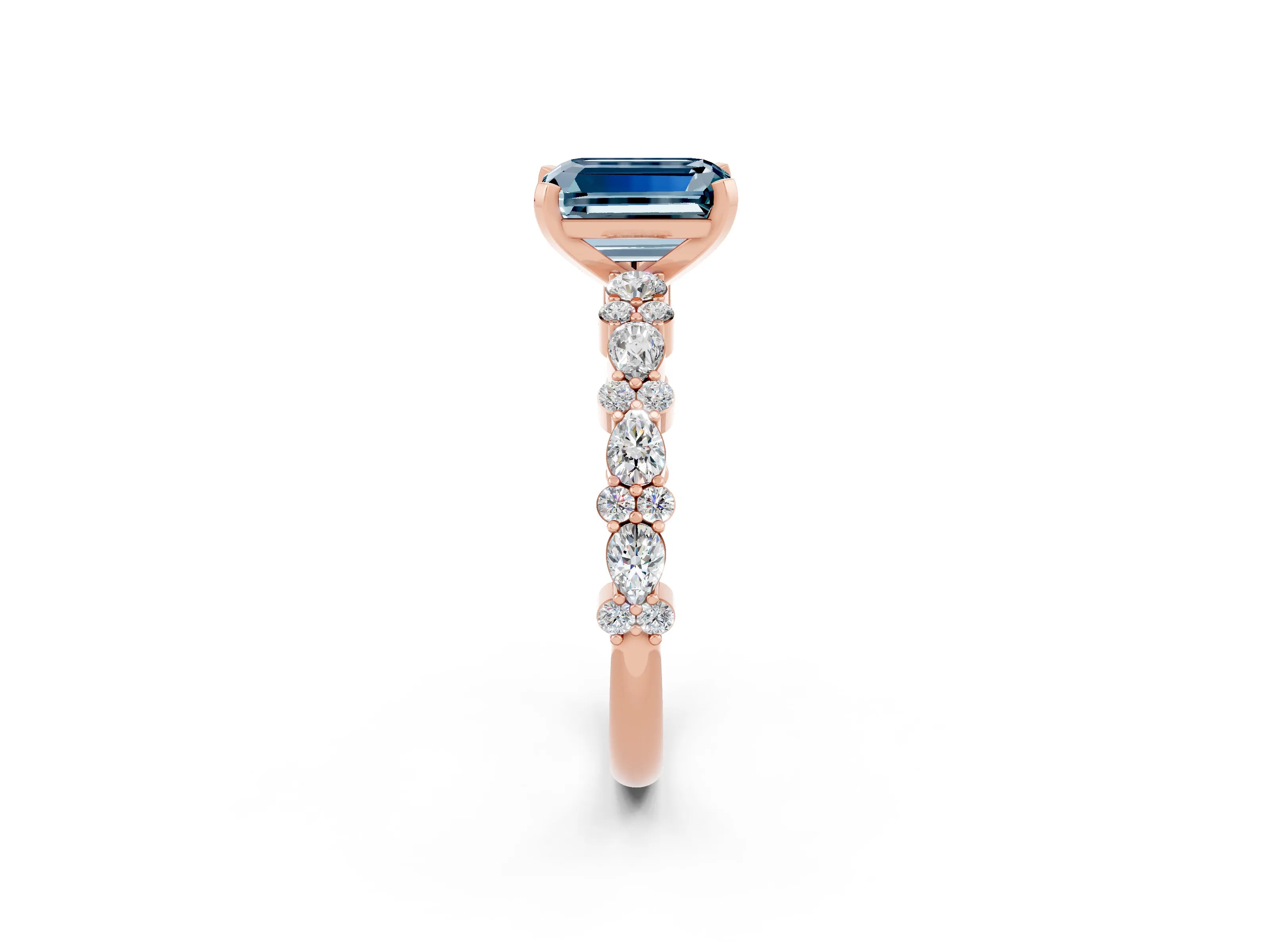 Rose gold Emerald Cut Aquamarine Solitaire with Side Stones, Pave Band, Four-Prong Setting_50