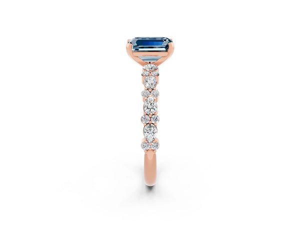 Rose gold Emerald Cut Aquamarine Side Stone Solitaire Ring with Round  and Four-Prong Setting